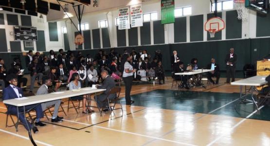 The Pine Forge Academy entire student boy was part of a "courtroom" for a mock trial held in the gymnasium. The Pine Forge Academy entire student boy was part of a "courtroom" for a mock trial held in the gymnasium.