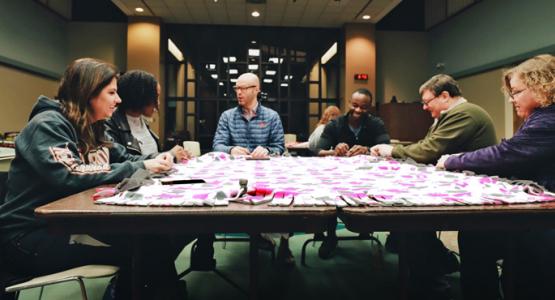 Kettering College students, faculty, and staff make fleece blankets and hats for the homeless in Dayton. Kettering College students, faculty, and staff make fleece blankets and hats for the homeless in Dayton.