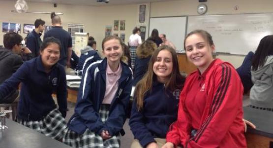 Class of 2021 students Heidi Davis, Allison Erdelyi, Annicka Hoffman and Hope Griseto take a break during Physics class. Class of 2021 students Heidi Davis, Allison Erdelyi, Annicka Hoffman and Hope Griseto take a break during Physics class.