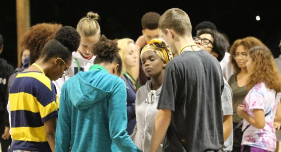 During opening night of SALT, students pray for each other’s fears during an icebreaker activity. During opening night of SALT, students pray for each other’s fears during an icebreaker activity.