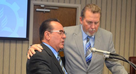 José H. Cortés Sr. and Dave Weigley pray together during a Columbia Union Conference Executive Committee meeting. José H. Cortés Sr. and Dave Weigley pray together during a Columbia Union Conference Executive Committee meeting.