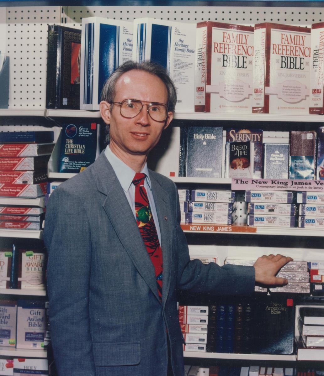 aul Glenn (circa 1990) stands by the Bible shelves in the Adventist Book Center’s prior location in Takoma Park, Md.