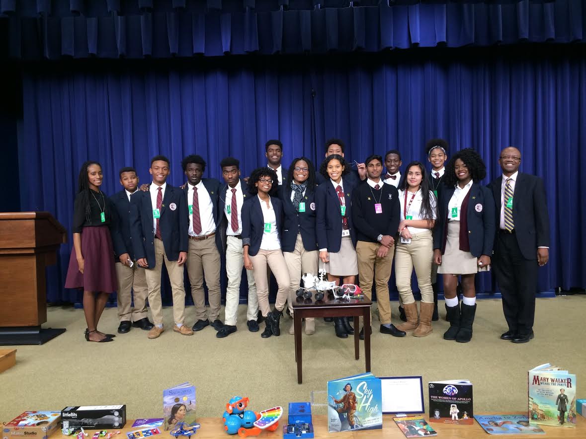 Members of the Takoma Academy's Enginerring Club, including Sheri Thorne (left) and Ronnie Mills (right), co-advisors of TA's Naitonal Society of Black Engineers Junior Chapter, attend a private screening of the film Hidden Figures at the White House.
